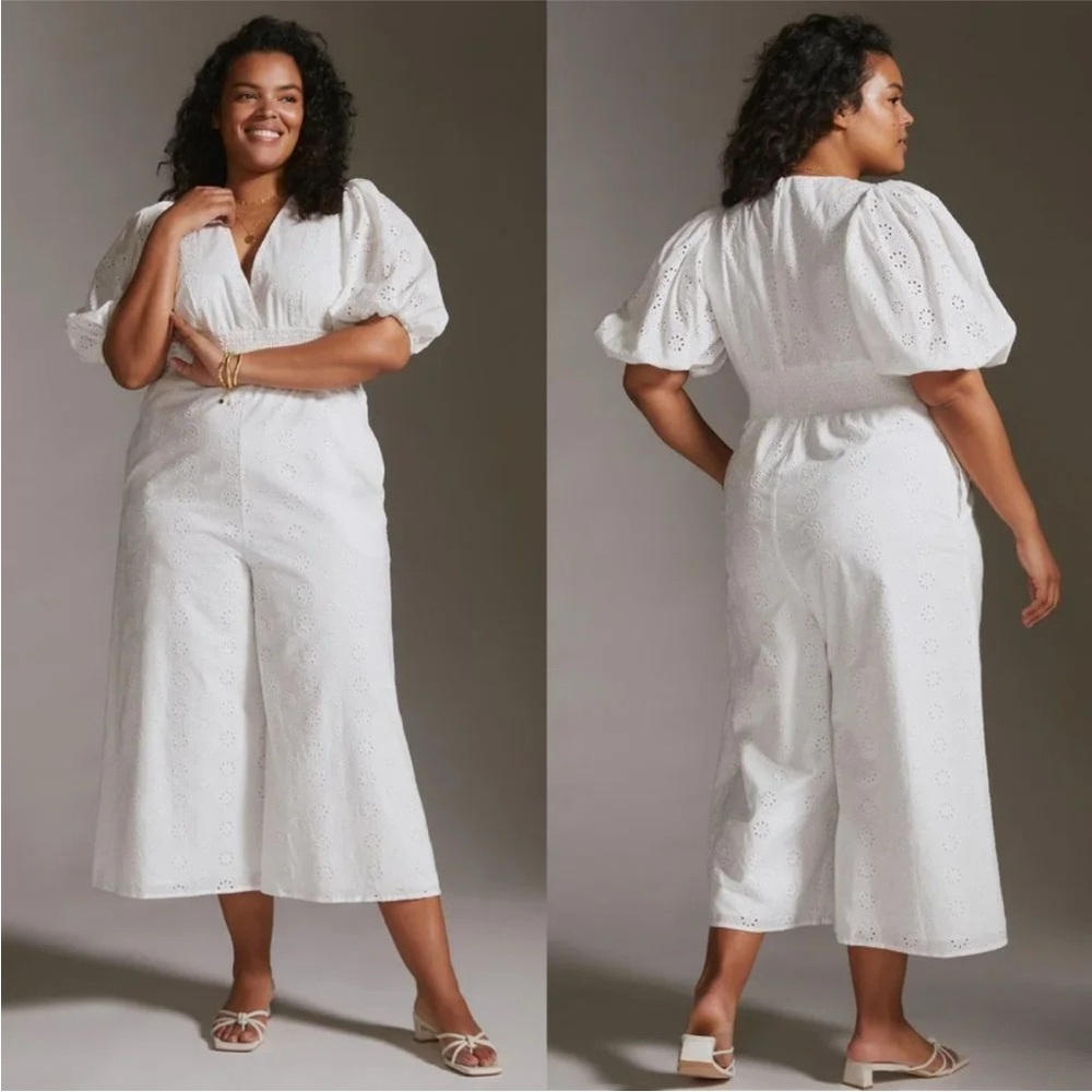 Anthropologie Hutch Smocked-Waist Eyelet Jumpsuit White Size L